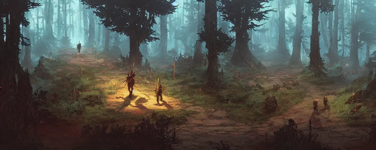 Prompt: battle background forest. jrpg. darkest dungeon. art by moebius and thomas kinkade and greg rutkowski.