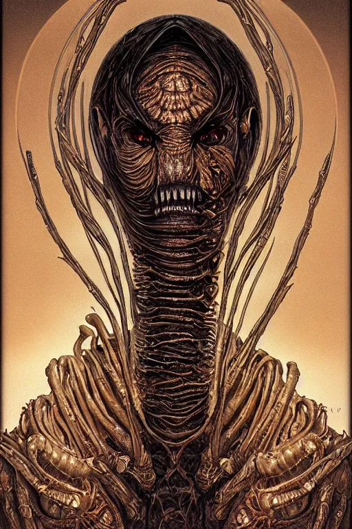 Prompt: portrait of god king Leto II hybrid desert worm human, in style of Doom, in style of Midjourney, insanely detailed and intricate, golden ratio, elegant, ornate, body horror, elite, majestic, ominous, haunting, matte painting, cinematic, cgsociety, H.R. Giger, James jean, Noah Bradley, Darius Zawadzki, Zdizslaw Beksinski, vivid and vibrant