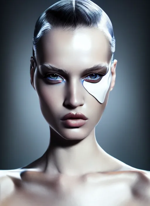 Image similar to a fierce nubile young woman with reflections in her eyes and slicked hair, painted with white paint, clear skin, futuristic, elegant, graceful, fashionable, cinematic, hyperdetailed illustration by irakli nadar and alexandre ferra, depth of field, global illumination,