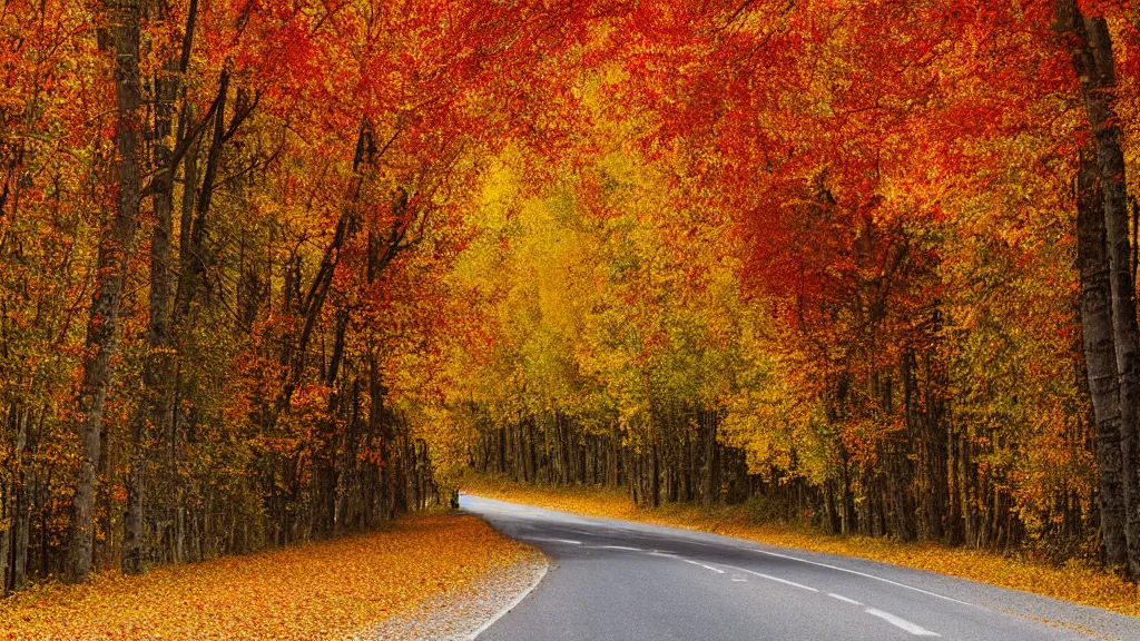 Prompt: a photograph of a country road!!!! lined on both sides by maple and poplar trees, in the autumn, red orange and yellow leaves, some leaves have fallen and are under the trees and on the road