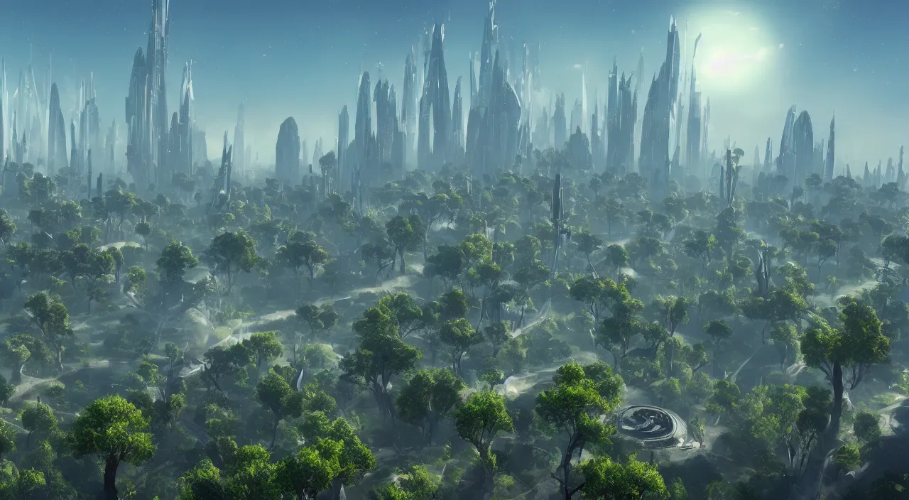 Image similar to An absolutely beautiful view of a sci-fi world. There are tall structures seen in the distance, with lots of unique looking trees.