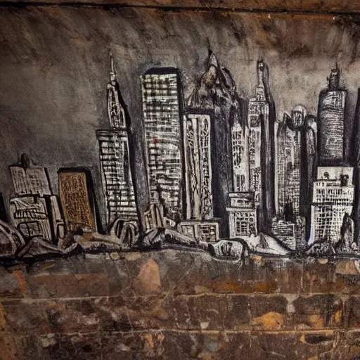 Image similar to cave painting of new york city on a cave wall, cave painting, detailed