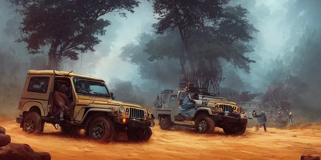 Image similar to Mahindra thar, malayalis attacking, furious action scene, an epic fantasy, dramatic lighting, cinematic, establishing shot, extremely high detail, photorealistic, cinematic lighting, artstation, by simon stalenhag, shadow of the tomb rider