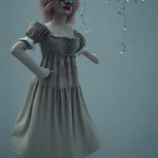 Image similar to 8 k, octane render, realism, tonalism, renaissance, rococo, baroque, cotton candy, portrait of a creepy young lady wearing long 1 9 7 0 s babydoll dress with flowers and skulls