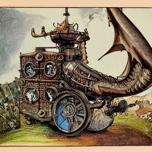 Image similar to a dragon with steam punk machine on it's side, book illustration, beatrix potter