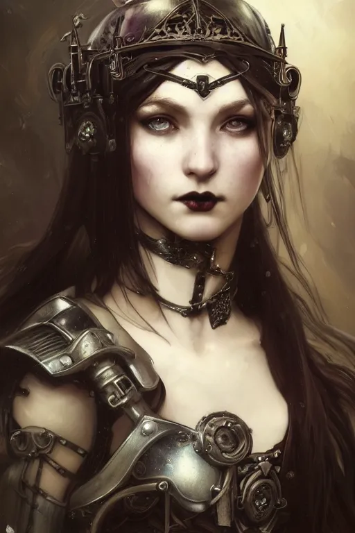 Image similar to beautiful and gothic and victorian and dieselpunk young medieval female armor portrait +smoky eyes+front face with light flowing hair, ultradetail face, art and illustration by tian zi and craig mullins and WLOP and alphonse mucha, fantasy, intricate complexity, human structure, human anatomy, fantasy character concept, watermark, blurry, hyperrealism 8k