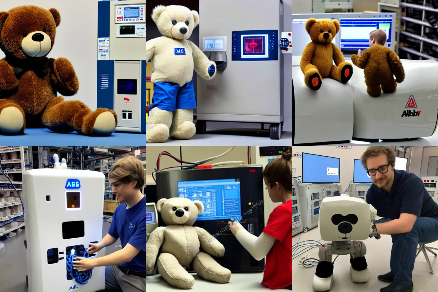 Prompt: teddy bear programming an abb robot, realistic