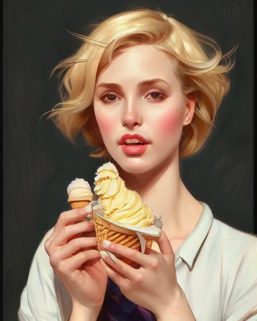 Prompt: Painting of a blonde lady eating an ice cream in Porto,real life skin, intricate, elegant, highly detailed, artstation, concept art, smooth, sharp focus, art by artgerm and greg rutkowski and alphonse mucha