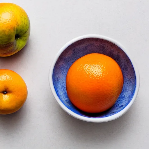 Prompt: a blue apple in a bowl of oranges, top view, white background