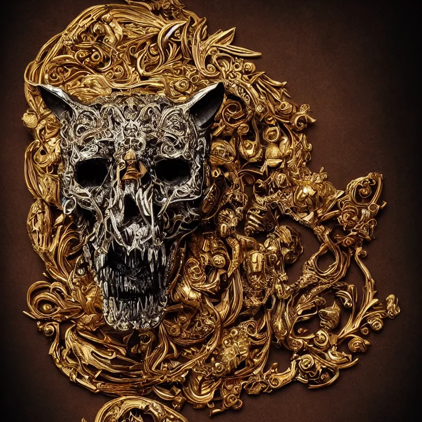 Image similar to photo portrait portrait of skull of wolf, lying on bones, dramatic lighting, golden ornaments, symmetric, intricate skeletal decorations, symmetry, highly detailed, concept art, black, red, white, gold layers, super moon, style of nekroxiii, hyperrealistic, dark background, smoke