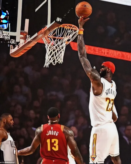 Image similar to LeBron James dunking a basketball at the NBA final, dramatic lighting, dramatic angle, painted by michaelangelo
