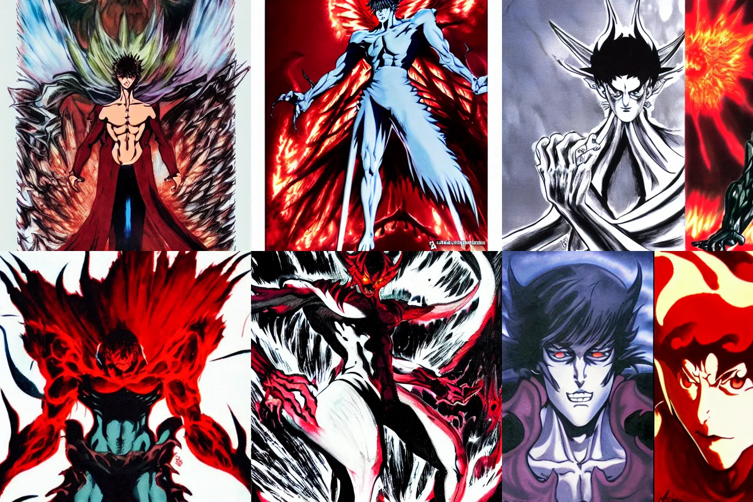 Prompt: ominous character art of Devilman with glowing red eyes by Go Nagai, art by Ayami Kojima, demon, sharp teeth