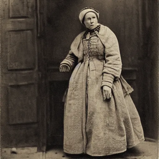 Prompt: Woman wearing burlap coat in Russia, 1839, photo, cinematic lighting, melancholy