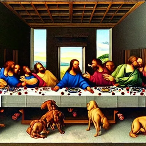 Prompt: painting of the last supper with labradors and poodles and german shepard dogs, mural by michelangelo