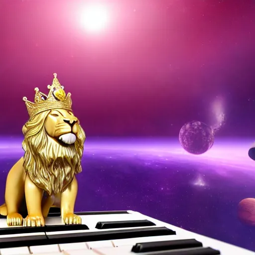 Prompt: a lion wearing a kings crown, playing a futuristic piano in space, ultra hd, 3d render