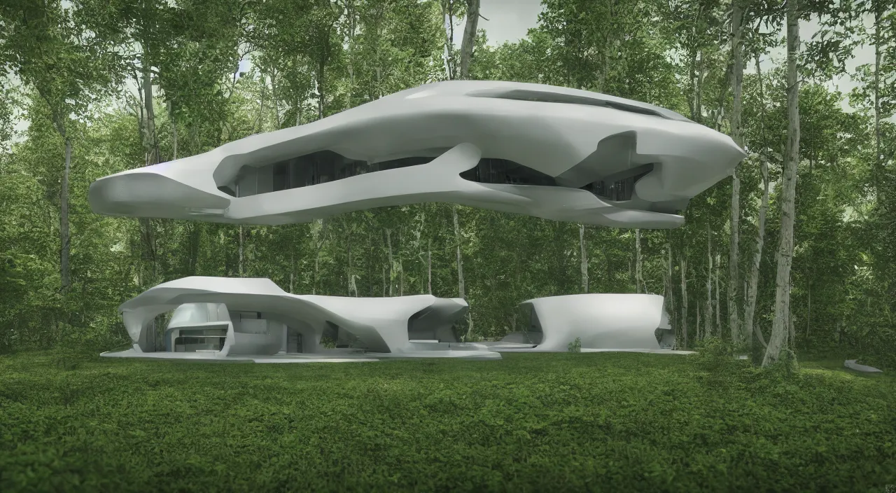 Image similar to a futuristic house sitting in the middle of the forest, unreal engine, zaha hadid, tom wright, ludwig mies van der rohe architectural designs, volumetric lighting, octane render, 8 k