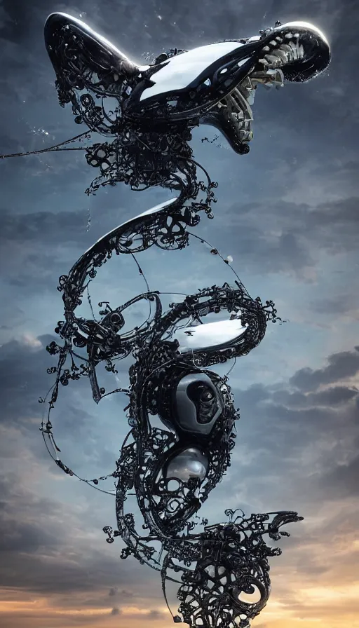 Image similar to summoning a beautiful biomechanical orca spirit from the ocean, organic and robotic, made up of many bits of metal, skin, and plastic, shiny, metallic, cyberpunk, post apocalyptic, hyper realistic, epic angle, octane render unreal engine render, 8k, super detailed, SLEEK!!!