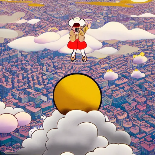 Image similar to a man walking on clouds above kyoto by takashi murakami,, aya takano color style, 4 k, super detailed