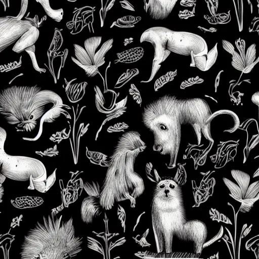 Image similar to animals and plants on a black background, wallpaper, Illustration, Anatomical Drawing, Painting