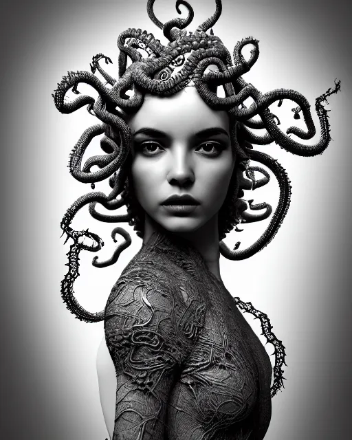 Image similar to surreal mythical dreamy artistic black and white fine art photo of a beautiful young female queen - medusa - cyborg covered with lace fish scales and translucent algae, highly detailed, intricate crystal ivy lace jelly fish scales ornate, poetic, octane render, 8 k, photo - realistic