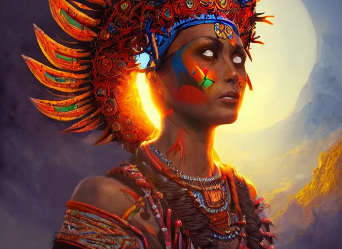 Image similar to aztec sun goddess, vivid colors, dark shadows, contrast, concept art, sharp focus, digital art, Hyper-realistic, 4K, Unreal Engine, Highly Detailed, Dramatic Lighting, Beautiful, by Brom, bastien lecouffe-deharme