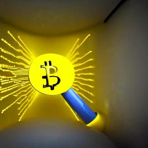 Prompt: a pipe coming out of the wall in a yellow room with bitcoins pouring out of it, digital art 3d render