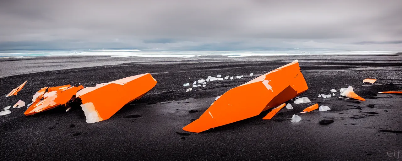 Image similar to cinematic shot of giant orange and white military spacecraft wreckage on an endless black sand beach in iceland with icebergs in the distance, 2 8 mm, shockwave