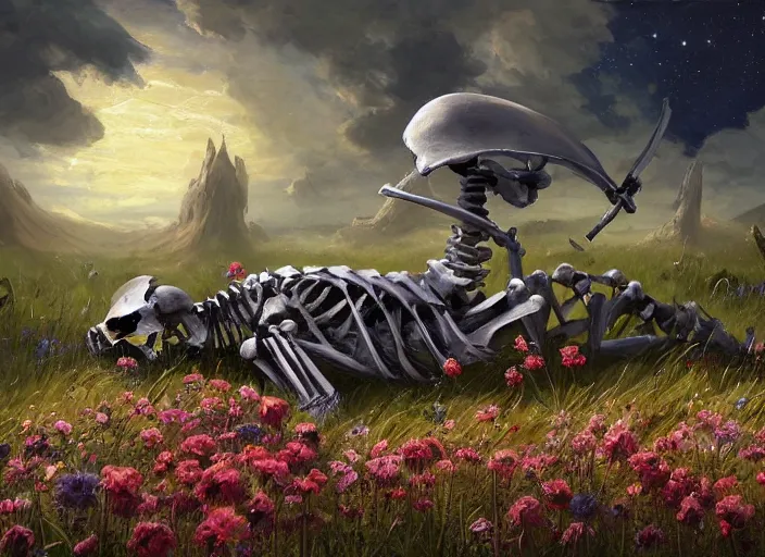 Image similar to a knight's skeleton killed long ago lays in a vast flower field in the cosmic sky by vladimir volegov and alexander averin and peder mørk mønsted and ross tran and raphael lacoste