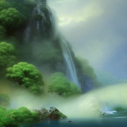 Image similar to Waterfall in a beautiful, green, lush paradise, creating mist in the lake below, trending artstation, cgsociety, 8k, hdr, hyper-detailed, digital painting by Aivazovsky