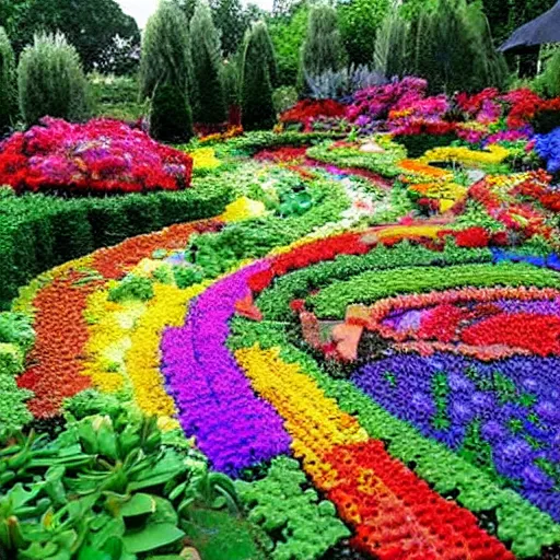 Image similar to a gorgeous garden on the edge of a cliff filled with beautiful flowers of all colors and from all around the world, fully in lego bricks