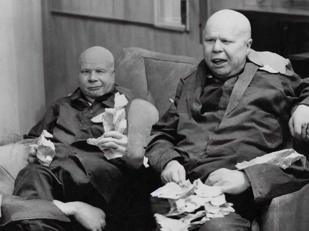 Prompt: nikita khrushchev sitting on a couch and eating a bag of corn chips in a soviet apartment, high resolution, black and white photo