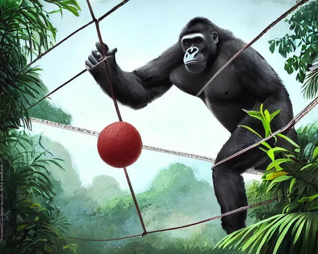 Image similar to a gorilla playing volleyball in a jungle, holding a volleyball, volleyball net, digital art, in the style of greg rutkowski