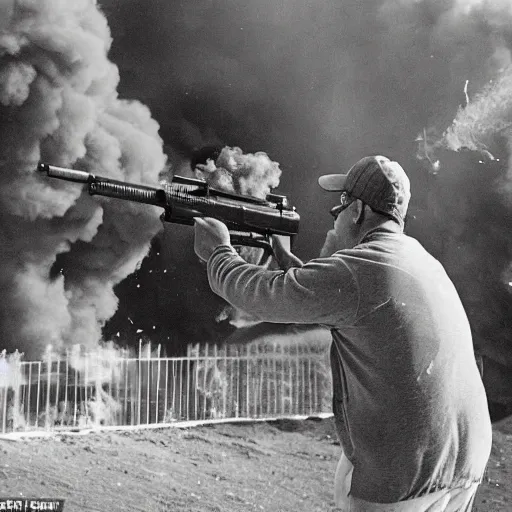 Image similar to a man shooting a machine gun in a shooting range, guns blazing, muzzle flashes showing, smoke, bullets shredding the target to pieces, exploding barrels