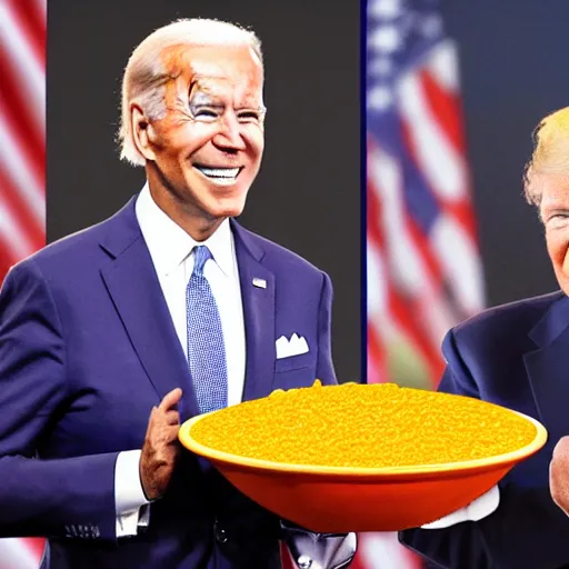 Image similar to Joe Biden and Donald Trump hang gliding together over a giant bowl of nacho cheese