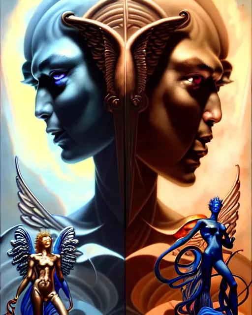 Prompt: a portrait of gemini angel and devil fantasy character portrait facing each other, ultra realistic, wide angle, intricate details, the fifth element artifacts, highly detailed by peter mohrbacher, hajime sorayama, wayne barlowe, boris vallejo, aaron horkey, gaston bussiere, craig mullins