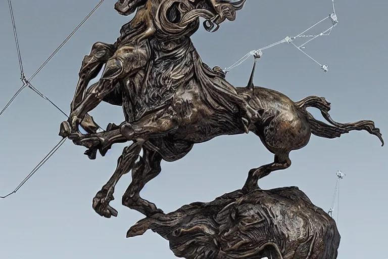 Image similar to sagittarius astrological sign sculpture in bronze by stanisław szukalski and wadim kashin, highly detailed, 3 d, star chart overlay