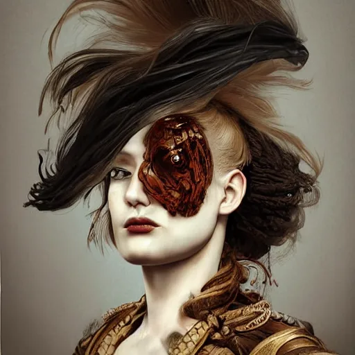 Image similar to portrait of a Shibari rope wrapped face and neck, headshot, insanely nice professional hair style, dramatic hair color, digital painting, of a old 17th century, old cyborg merchant, amber jewels, baroque, ornate clothing, scifi, realistic, hyperdetailed, chiaroscuro, concept art, art by Franz Hals and Jon Foster and Ayami Kojima and Amano and Karol Bak,