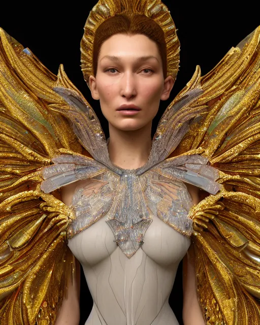 Image similar to a highly detailed metahuman 4 k close up render of a bella hadid as archangel monument renaissance in iris van herpen dress schiaparelli in diamonds crystals swarovski and jewelry iridescent in style of alphonse mucha gustav klimt trending on artstation made in unreal engine 4