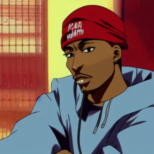 Image similar to Tupac Shakur, screenshot from a 2012s anime