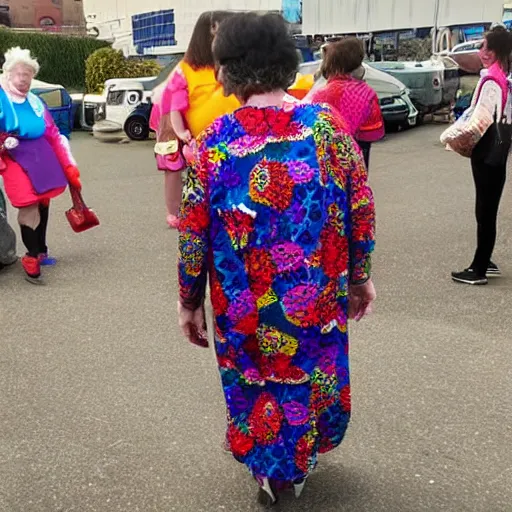 Prompt: an elderly woman dressed in extremely colorful clothes with many strange patterns