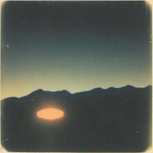 Image similar to a ufo flying over a distant mountain at night, blurry photo, historical photo, old polaroid, expired film,