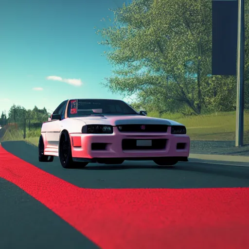 Prompt: skyline r34 with Canadian flag paintwork, 4k, unreal engine, octane render