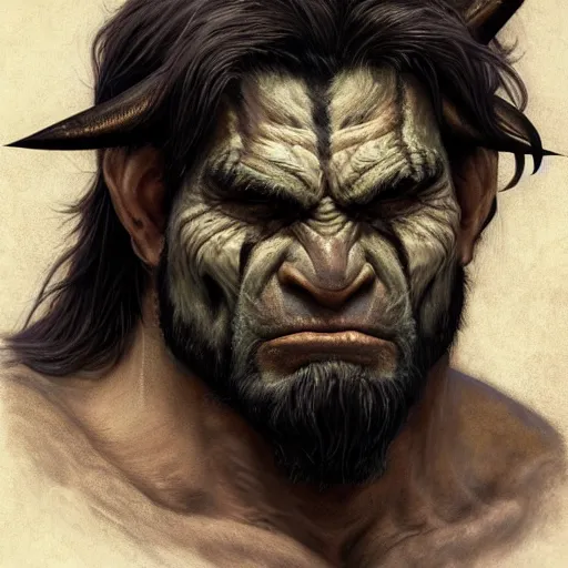 Image similar to portrait of a young ruggedly handsome hulking herculean orc bugbear demon barbarian, male, masculine, upper body, night black hair, fantasy, frown, war face paint, intricate, elegant, highly detailed, digital painting, artstation, concept art, matte, sharp focus, illustration, art by artgerm and greg rutkowski and alphonse mucha