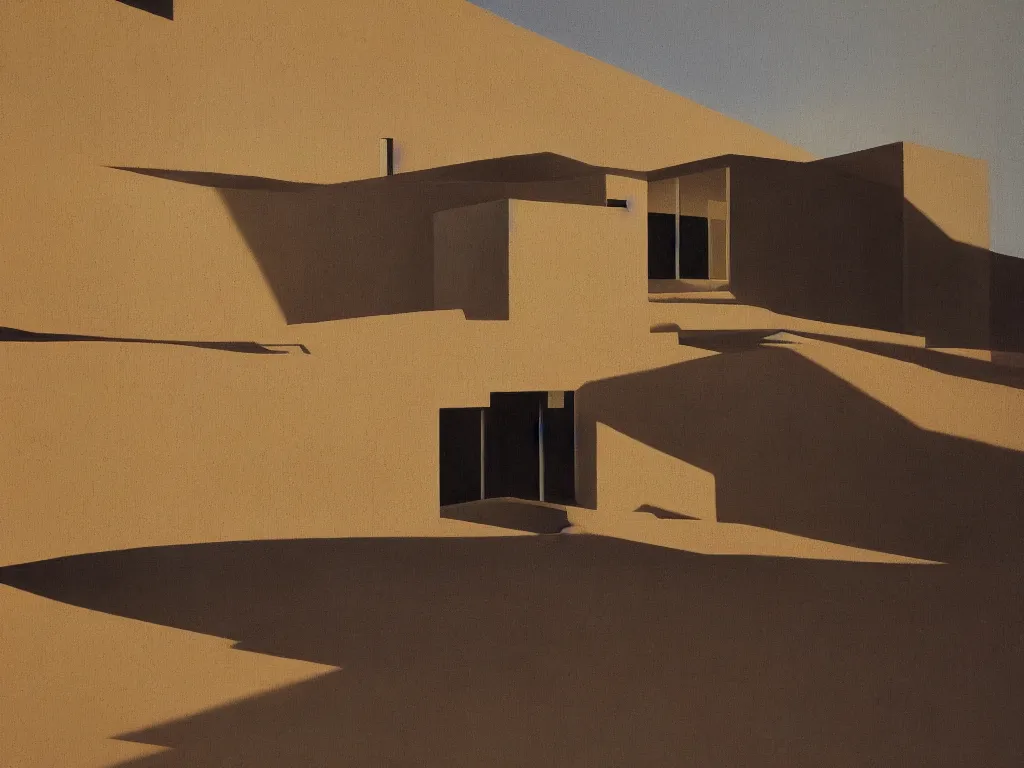 Image similar to painting of a house in the desert designed by tadao ando, amazing lighting, oil painting, highly detailed