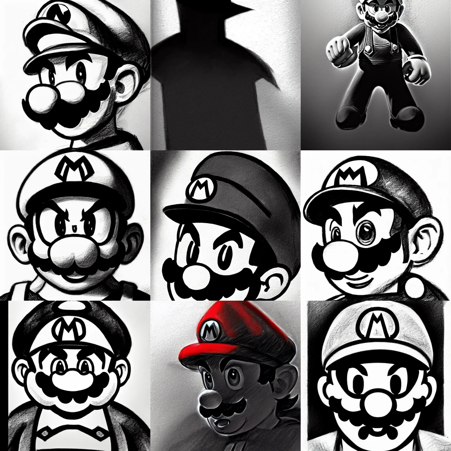 Image similar to epic pencil sketch of super mario, imposing focused gaze, striking manga artstyle, powerful shadows, concept art