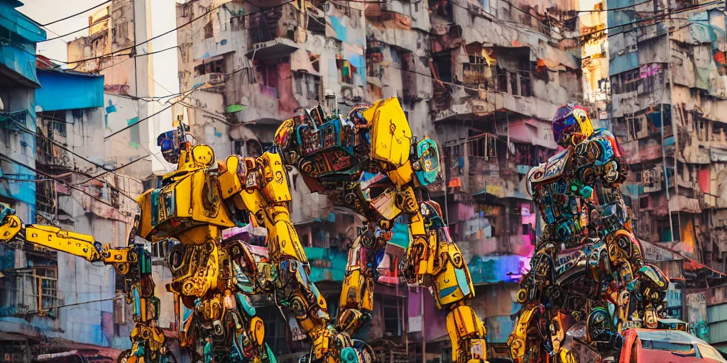 Image similar to colourful - damaged - giant mecha ROBOT of neon lit AJEGUNLE SLUMS of Lagos, markings on robot, Golden Hour,