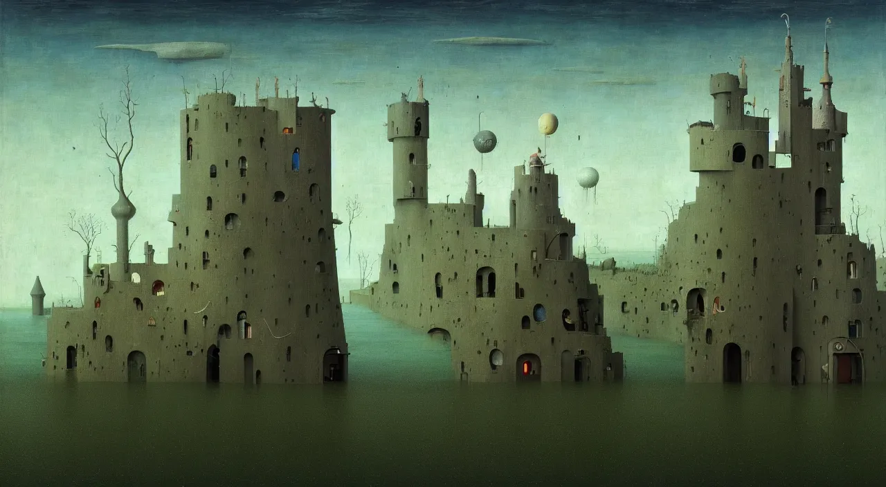 Image similar to single flooded simple!! tower entrance anatomy, very coherent and colorful high contrast masterpiece by franz sedlacek hieronymus bosch dean ellis simon stalenhag rene magritte gediminas pranckevicius, dark shadows, sunny day, hard lighting