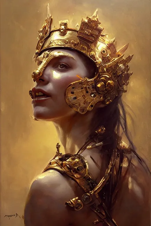 Image similar to beautiful expressive oil painting portrait of ancient cyborg god queen with a jeweled skull mask ascending wearing a neo japan crown, art by anders zorn, wonderful masterpiece by greg rutkowski, beautiful cinematic light, american romanticism by greg manchess, jessica rossier