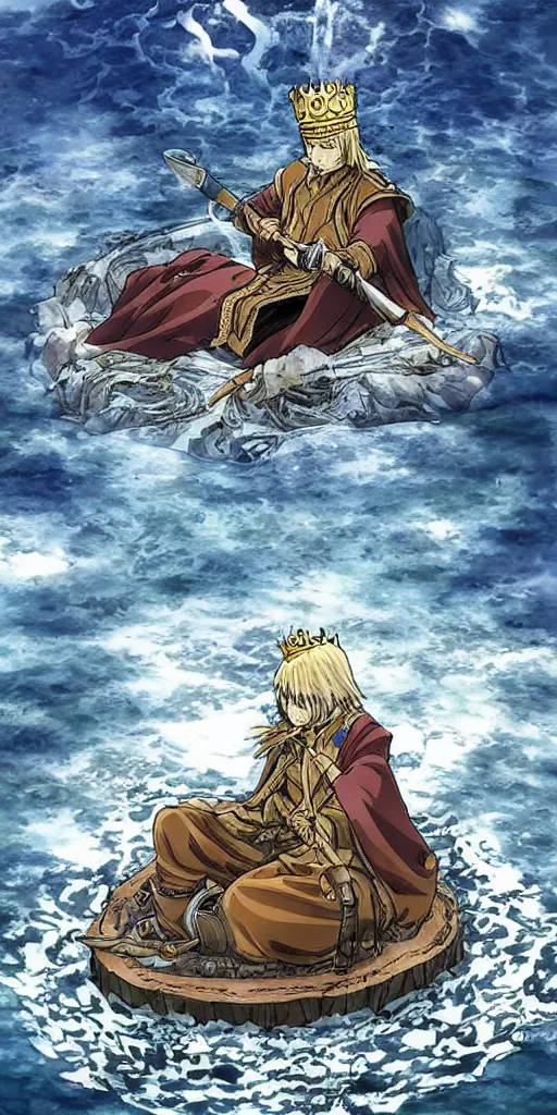 Prompt: a single lone king sitting on a throne floating on water in the middle of a lake drawn by Makoto Yukimura in the style of Vinland saga anime, full color, detailed,