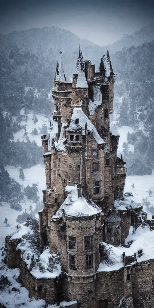 Image similar to a abandoned castle on top of a snowy mountain, 8 k, shallow depth of field, intricate detail, concept art,